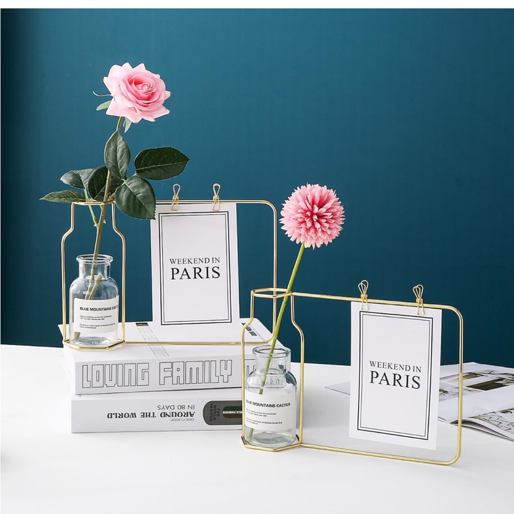 Glass Flower Vase with Gold Metal Photo Frame Set